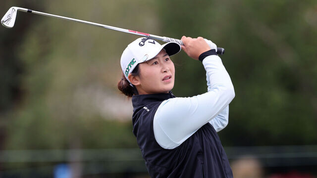 TARZANA, CALIFORNIA - APRIL 17: Yan Liu of China plays her shot from the 17th tee during the first round of the JM Eagle LA Championship presented by Plastpro 2025 at El Caballero Country Club on April 17, 2025 in Tarzana, California.