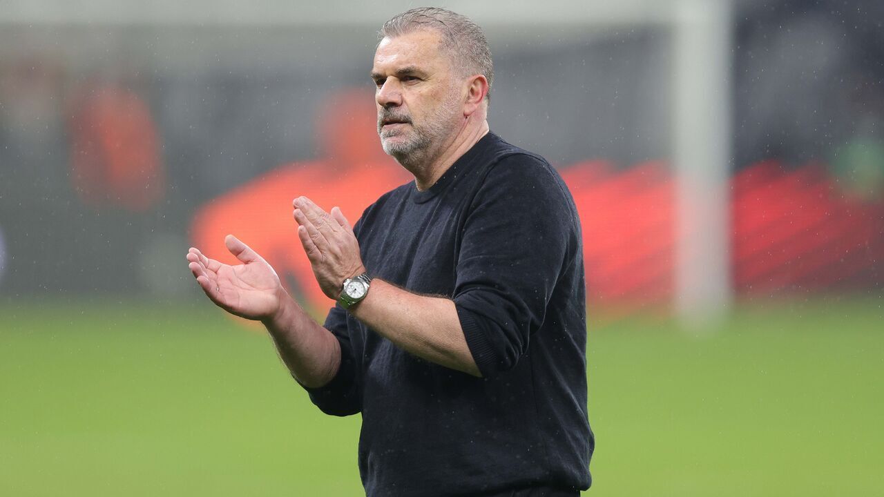 FRANKFURT AM MAIN, GERMANY - APRIL 17: Ange Postecoglou, manager of Tottenham Hotspur, applauds his players after the victory at the full time whistle during the UEFA Europa League 2024/25 Quarter Final Second Leg match between Eintracht Frankfurt and Tottenham Hotspur at Deutsche Bank Park on April 17, 2025 in Frankfurt am Main, Germany.