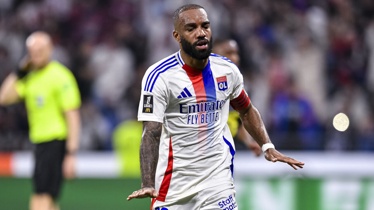 LYON, FRANCE - APRIL 5: Alexandre Lacazette of Lyon celebrates his goal during the Ligue 1 McDonald's match between Olympique Lyonnais and Lille OSC at Parc Olympique Lyonnais on April 5, 2025 in Lyon, France.