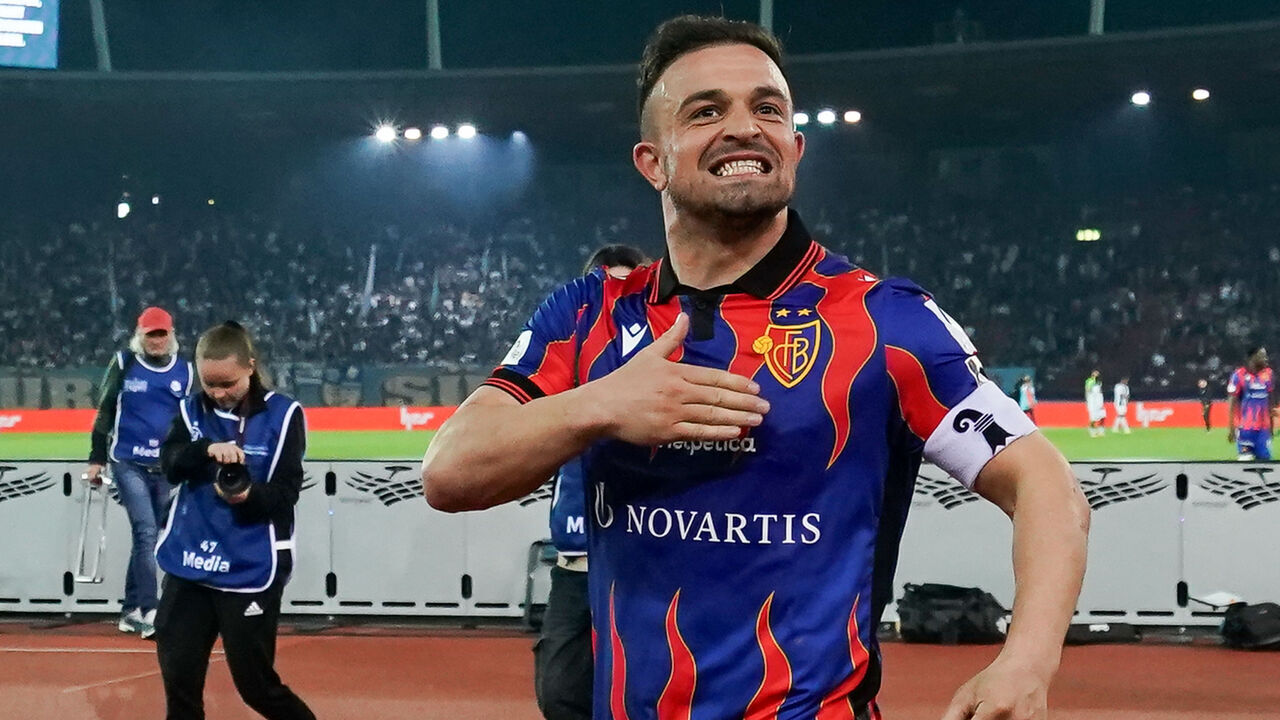 ZURICH, SWITZERLAND - APRIL 12: Captain Xherdan Shaqiri of FC Basel celebrates in front of fans the victory after the Swiss Super League match between FC Zürich and FC Basel 1893 at Stadion Letzigrund on April 12, 2025 in Zurich, Switzerland.
