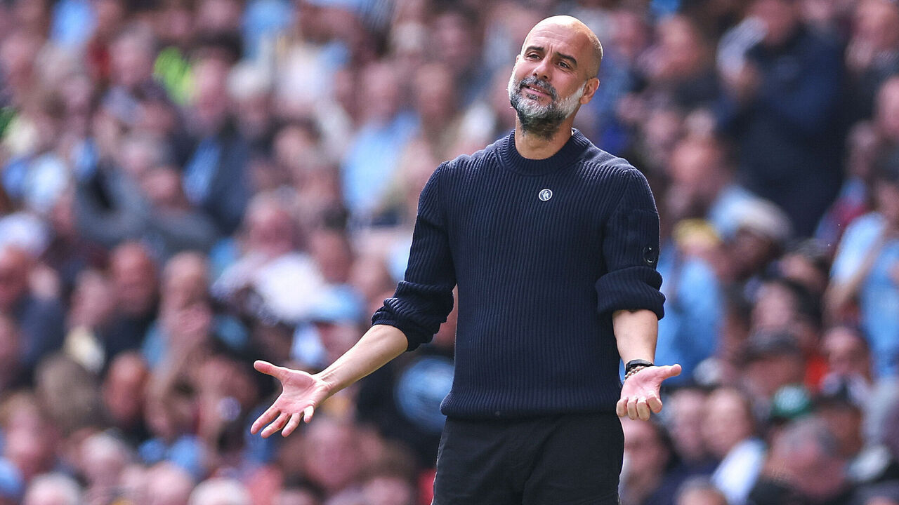 MANCHESTER, ENGLAND - APRIL 12: Pep Guardiola manager of Manchester City reacts during the Premier League match between Manchester City FC and Crystal Palace FC at Etihad Stadium on April 12, 2025 in Manchester, England.