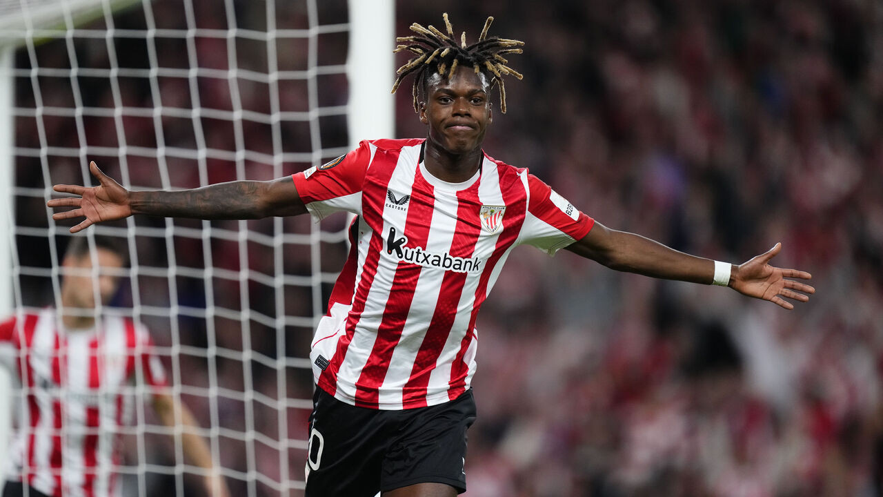 Nico Williams left winger of Athletic Club and Spain celebrates after scoring his sides first goal during the UEFA Europa League 2024/25 Quarter Final Second Leg match between Athletic Club and Rangers FC at Estadio de San Mames on April 17, 2025 in Bilbao, Spain.