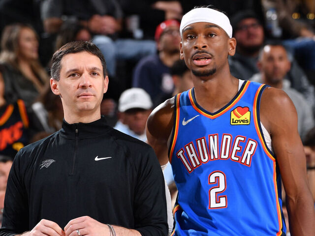 INGLEWOOD, CA - MARCH 23: Mark Daigneault and Shai Gilgeous-Alexander #2 of the Oklahoma City Thunder talk during the game against the LA Clippers on March 23, 2025 at Intuit Dome in Los Angeles, California. NOTE TO USER: User expressly acknowledges and agrees that, by downloading and/or using this Photograph, user is consenting to the terms and conditions of the Getty Images License Agreement. Mandatory Copyright Notice: Copyright 2025 NBAE