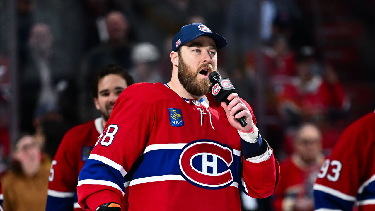 MONTREAL, CANADA - APRIL 16: David Savard #58 of the Montreal Canadiens addresses the fans after a 4-2 victory against the Carolina Hurricanes clinching the last spot in the Eastern Conference playoffs at the Bell Centre on April 16, 2025 in Montreal, Quebec, Canada.
