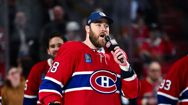 MONTREAL, CANADA - APRIL 16: David Savard #58 of the Montreal Canadiens addresses the fans after a 4-2 victory against the Carolina Hurricanes clinching the last spot in the Eastern Conference playoffs at the Bell Centre on April 16, 2025 in Montreal, Quebec, Canada.
