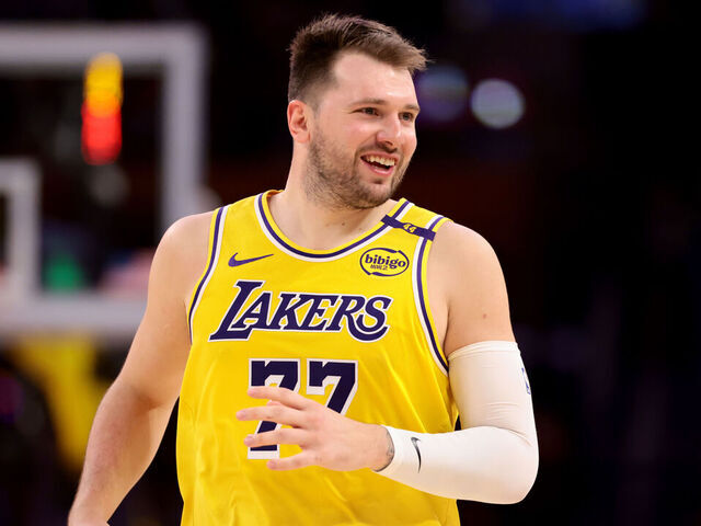 LOS ANGELES, CALIFORNIA - APRIL 11: Luka Doncic #77 of the Los Angeles Lakers looks on during the third quarter against the Houston Rockets at Crypto.com Arena on April 11, 2025 in Los Angeles, California.