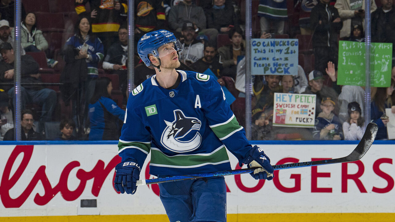 VANCOUVER, CANADA - MARCH 18: Elias Pettersson #40 of the Vancouver Canucks skates up ice during their NHL game against the Winnipeg Jets at Rogers Arena on March 18, 2025 in Vancouver, British Columbia, Canada.
