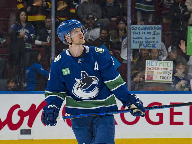 VANCOUVER, CANADA - MARCH 18: Elias Pettersson #40 of the Vancouver Canucks skates up ice during their NHL game against the Winnipeg Jets at Rogers Arena on March 18, 2025 in Vancouver, British Columbia, Canada.