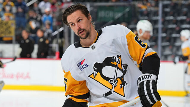 NEWARK, NJ - APRIL 11: Erik Karlsson #65 of the Pittsburgh Penguins warms up prior to the game against the New Jersey Devils at Prudential Center on April 11, 2025 in Newark, New Jersey.