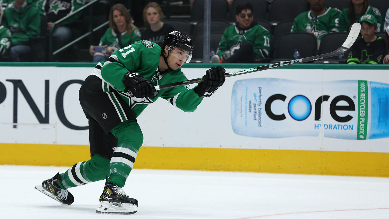DALLAS, TEXAS - APRIL 12: Jason Robertson #21 of the Dallas Stars shoots the puck during the third period against the Utah Hockey Club at American Airlines Center on April 12, 2025 in Dallas, Texas.