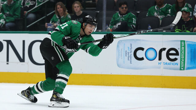 DALLAS, TEXAS - APRIL 12: Jason Robertson #21 of the Dallas Stars shoots the puck during the third period against the Utah Hockey Club at American Airlines Center on April 12, 2025 in Dallas, Texas.