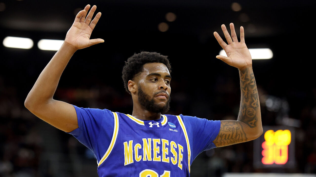 PROVIDENCE, RHODE ISLAND - MARCH 22: Sincere Parker #21 of the McNeese State Cowboys reacts against the Purdue Boilermakers during the first half in the second round of the NCAA Men's Basketball Tournament at Amica Mutual Pavillion on March 22, 2025 in Providence, Rhode Island.