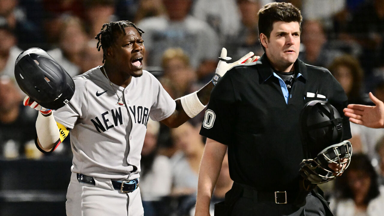 TAMPA, FLORIDA - APRIL 17: Jazz Chisholm Jr. #13 of the New York Yankees reacts to strike called by umpire John Bacon #70 during the seventh inning against the Tampa Bay Rays at George M. Steinbrenner Field on April 17, 2025 in Tampa, Florida.