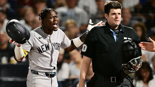 TAMPA, FLORIDA - APRIL 17: Jazz Chisholm Jr. #13 of the New York Yankees reacts to strike called by umpire John Bacon #70 during the seventh inning against the Tampa Bay Rays at George M. Steinbrenner Field on April 17, 2025 in Tampa, Florida.
