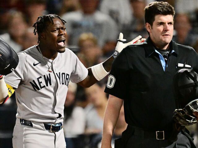 TAMPA, FLORIDA - APRIL 17: Jazz Chisholm Jr. #13 of the New York Yankees reacts to strike called by umpire John Bacon #70 during the seventh inning against the Tampa Bay Rays at George M. Steinbrenner Field on April 17, 2025 in Tampa, Florida.