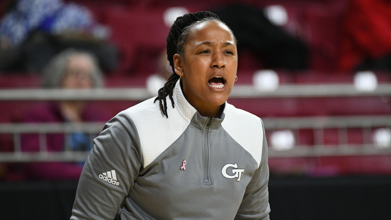 CHESTNUT HILL, MA - FEBRUARY 09: Georgia Tech Yellow Jackets assistant coach/recruiting coordinator LaSondra Barrett reacts during a women's college basketball game between the Georgia Tech Yellow Jackets and the Boston College Eagles on February 9, 2025, at Conte Forum in Chestnut Hill, MA.