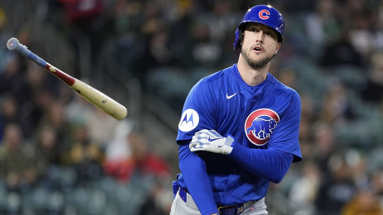 SACRAMENTO, CALIFORNIA - APRIL 01: Kyle Tucker #30 of the Chicago Cubs tosses his bat away after he hit a solo home run against the Athletics in the top of the third inning at Sutter Health Park on April 01, 2025 in Sacramento, California.