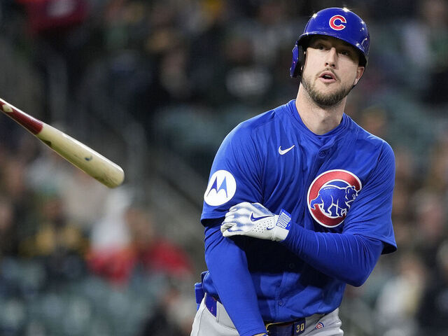 SACRAMENTO, CALIFORNIA - APRIL 01: Kyle Tucker #30 of the Chicago Cubs tosses his bat away after he hit a solo home run against the Athletics in the top of the third inning at Sutter Health Park on April 01, 2025 in Sacramento, California.