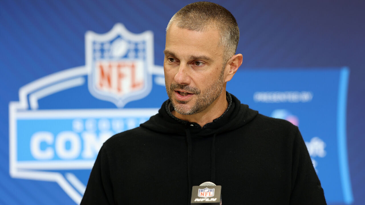 INDIANAPOLIS, INDIANA - FEBRUARY 25: General Manager John Spytek of the Las Vegas Raiders speaks to the media during the NFL Scouting Combine at the Indiana Convention Center on February 25, 2025 in Indianapolis, Indiana.