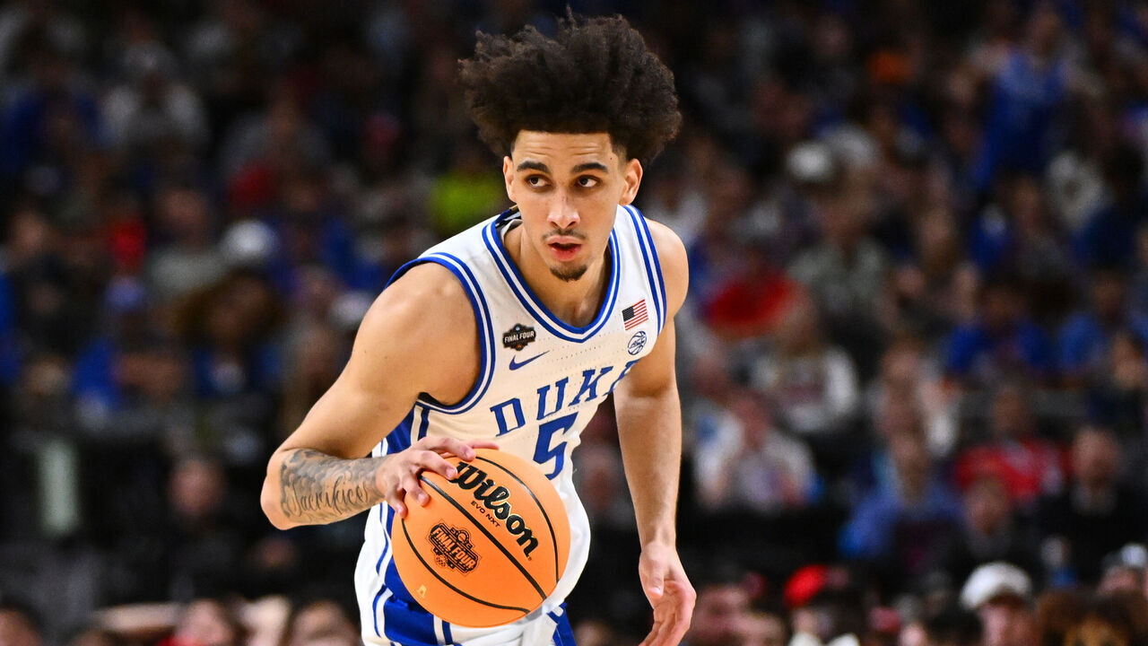 SAN ANTONIO, TEXAS - APRIL 05: Tyrese Proctor #5 of the Duke Blue Devils dribbles the ball during the second half in the Final Four Game of the NCAA Men's Basketball Tournament at Alamodome on April 05, 2025 in San Antonio, Texas.