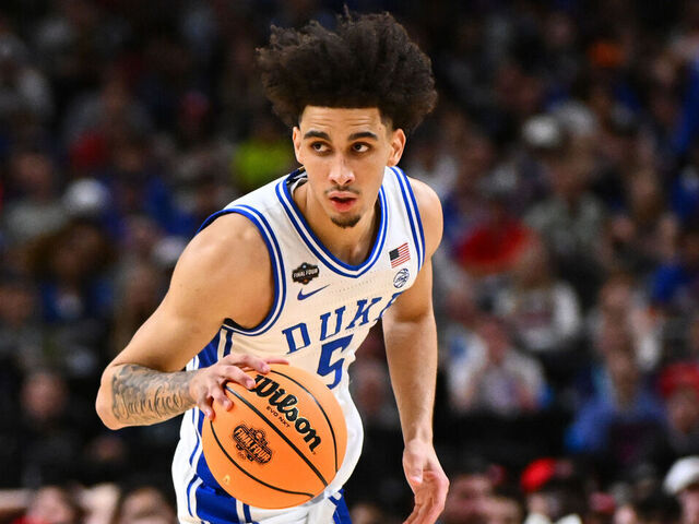 SAN ANTONIO, TEXAS - APRIL 05: Tyrese Proctor #5 of the Duke Blue Devils dribbles the ball during the second half in the Final Four Game of the NCAA Men's Basketball Tournament at Alamodome on April 05, 2025 in San Antonio, Texas.