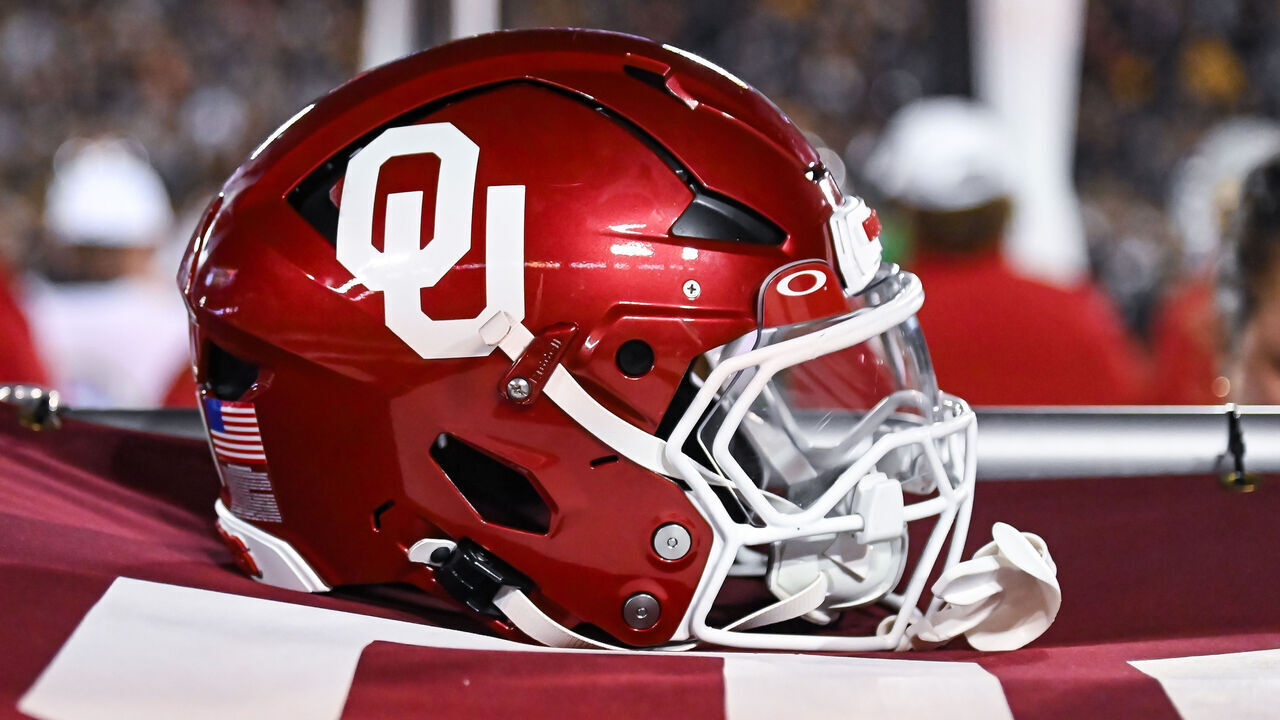 COLUMBIA, MO - NOVEMBER 09: The Oklahoma helmet sits atop of the tarp above the team bench during a SEC conference game between the Oklahoma Sooners and the Missouri Tigers held on Saturday Nov 09, 2024 at Faurot Field at Memorial Stadium in Columbia MO. (Photo by Rick Ulreich/Icon Sportswire via Getty Images