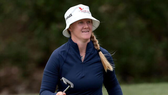 TARZANA, CALIFORNIA - APRIL 18: Ingrid Lindblad of Sweden reacts after a birdie putt on the 14th green during the second round of the JM Eagle LA Championship presented by Plastpro 2025 at El Caballero Country Club on April 18, 2025 in Tarzana, California.