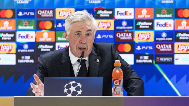MADRID, SPAIN - APRIL 16: Carlos Ancelotti head coach of Real Madrid CF during a press conference following the UEFA Champions League 2024/25 Quarter Final Second Leg match between Real Madrid C.F. and Arsenal FC at Estadio Santiago Bernabeu on April 16, 2025 in Madrid, Spain.