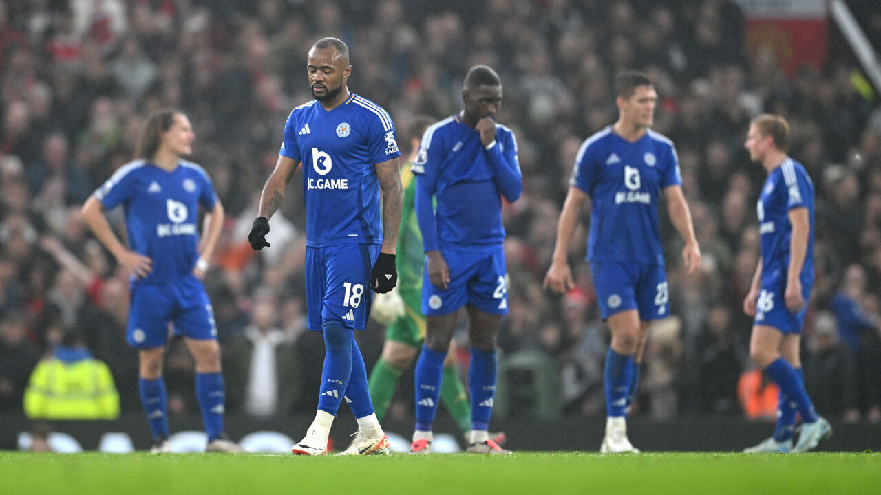MANCHESTER, ENGLAND - NOVEMBER 10: Jordan Ayew of Leicester City looks dejected after Alejandro Garnacho of Manchester United (not pictured) scores his team's third goal during the Premier League match between Manchester United FC and Leicester City FC at Old Trafford on November 10, 2024 in Manchester, England.
