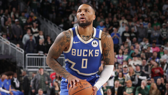 MILWAUKEE, WI - MARCH 15: Damian Lillard #0 of the Milwaukee Bucks shoots a free throw during the game against the Indiana Pacers on March 15, 2025 at Fiserv Forum Center in Milwaukee, Wisconsin. Mandatory Copyright Notice: Copyright 2025 NBAE .