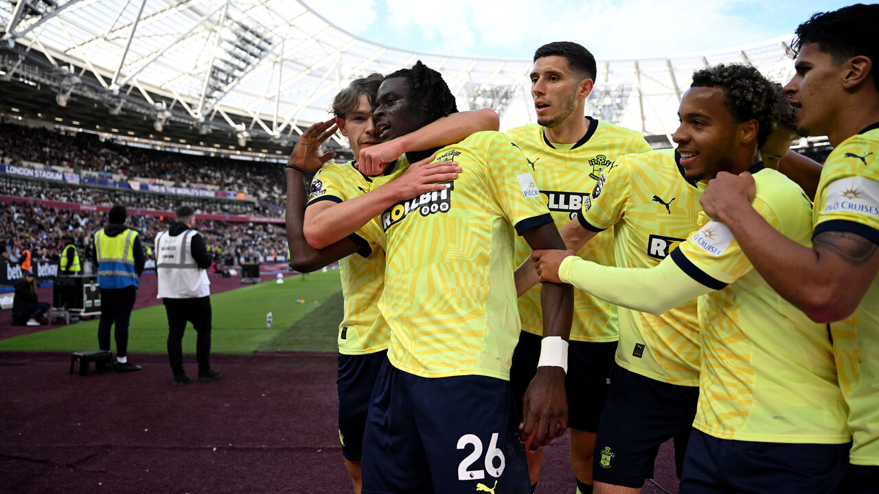 LONDON, ENGLAND - APRIL 19: Lesley Ugochukwu of Southampton celebrates scoring his team's first goal with teammates during the Premier League match between West Ham United FC and Southampton FC at London Stadium on April 19, 2025 in London, England.