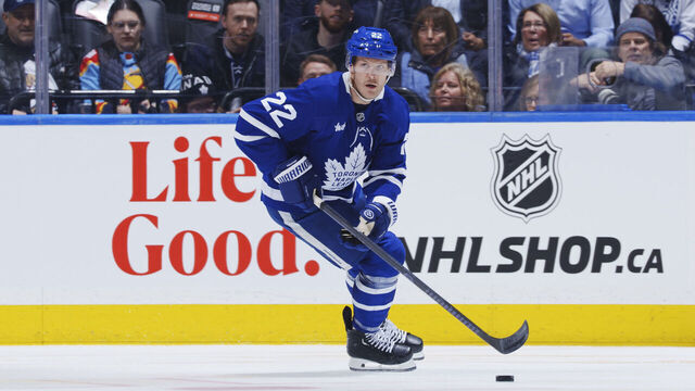 TORONTO, ON - APRIL 2: Jake McCabe #22 of Toronto Maple Leafs skates against the Florida Panthers during the first period at the Scotiabank Arena on April 2, 2025 in Toronto, Ontario, Canada.