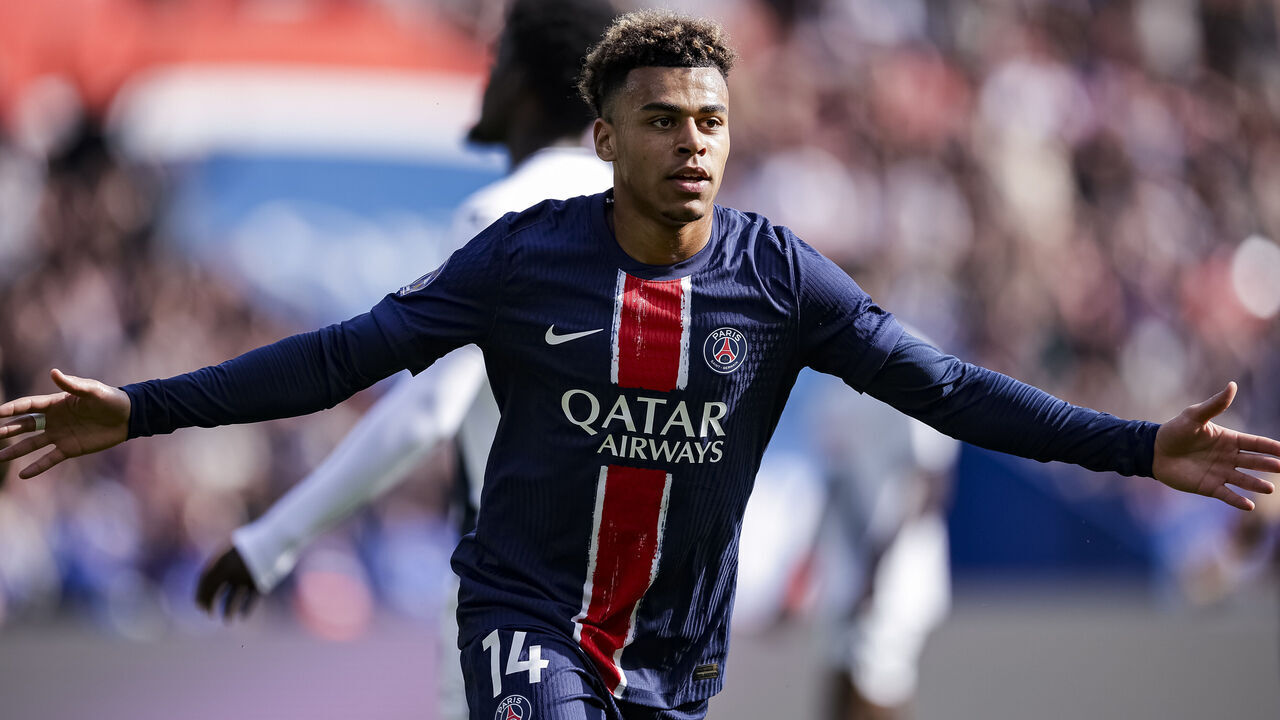 PARIS, FRANCE - APRIL 19: Désiré Doué of Paris Saint Germain celebrates his goal during the Ligue 1 McDonald's match between Paris Saint-Germain FC and Le Havre AC at Parc Des Princes on April 19, 2025 in Paris, France.