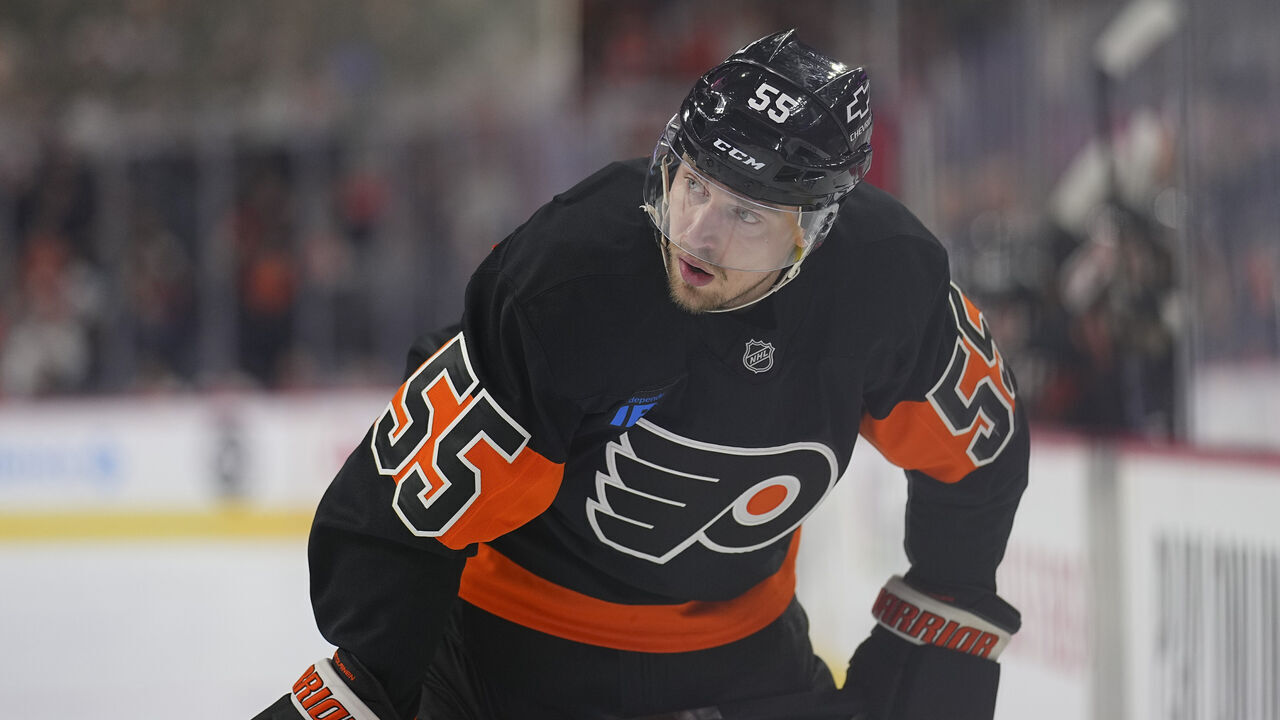 PHILADELPHIA, PENNSYLVANIA - MARCH 8: Rasmus Ristolainen #55 of the Philadelphia Flyers looks on against the Seattle Kraken at the Wells Fargo Center on March 8, 2025 in Philadelphia, Pennsylvania. The Kraken defeated the Flyers 4-1.
