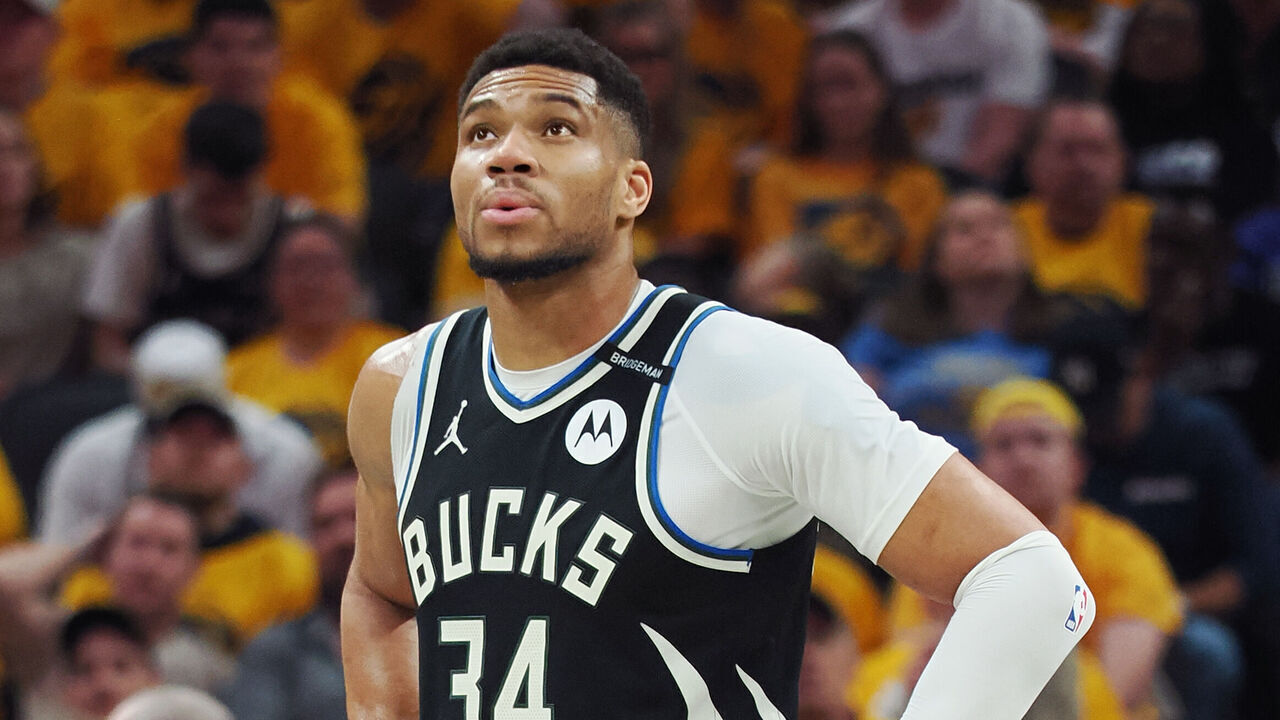 INDIANAPOLIS, IN - APRIL 19: Giannis Antetokounmpo #34 of the Milwaukee Bucks looks on during the game against the Indiana Pacers during Round 1 Game 1 of the 2025 NBA Playoffs on April 19, 2025 at Gainbridge Fieldhouse in Indianapolis, Indiana. Mandatory Copyright Notice: Copyright 2025 NBAE