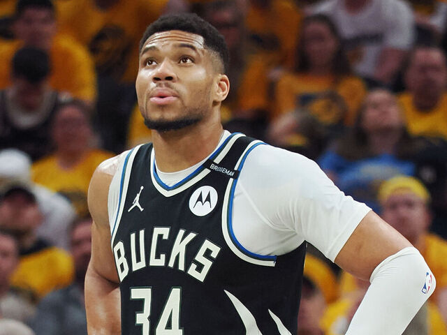 INDIANAPOLIS, IN - APRIL 19: Giannis Antetokounmpo #34 of the Milwaukee Bucks looks on during the game against the Indiana Pacers during Round 1 Game 1 of the 2025 NBA Playoffs on April 19, 2025 at Gainbridge Fieldhouse in Indianapolis, Indiana. Mandatory Copyright Notice: Copyright 2025 NBAE