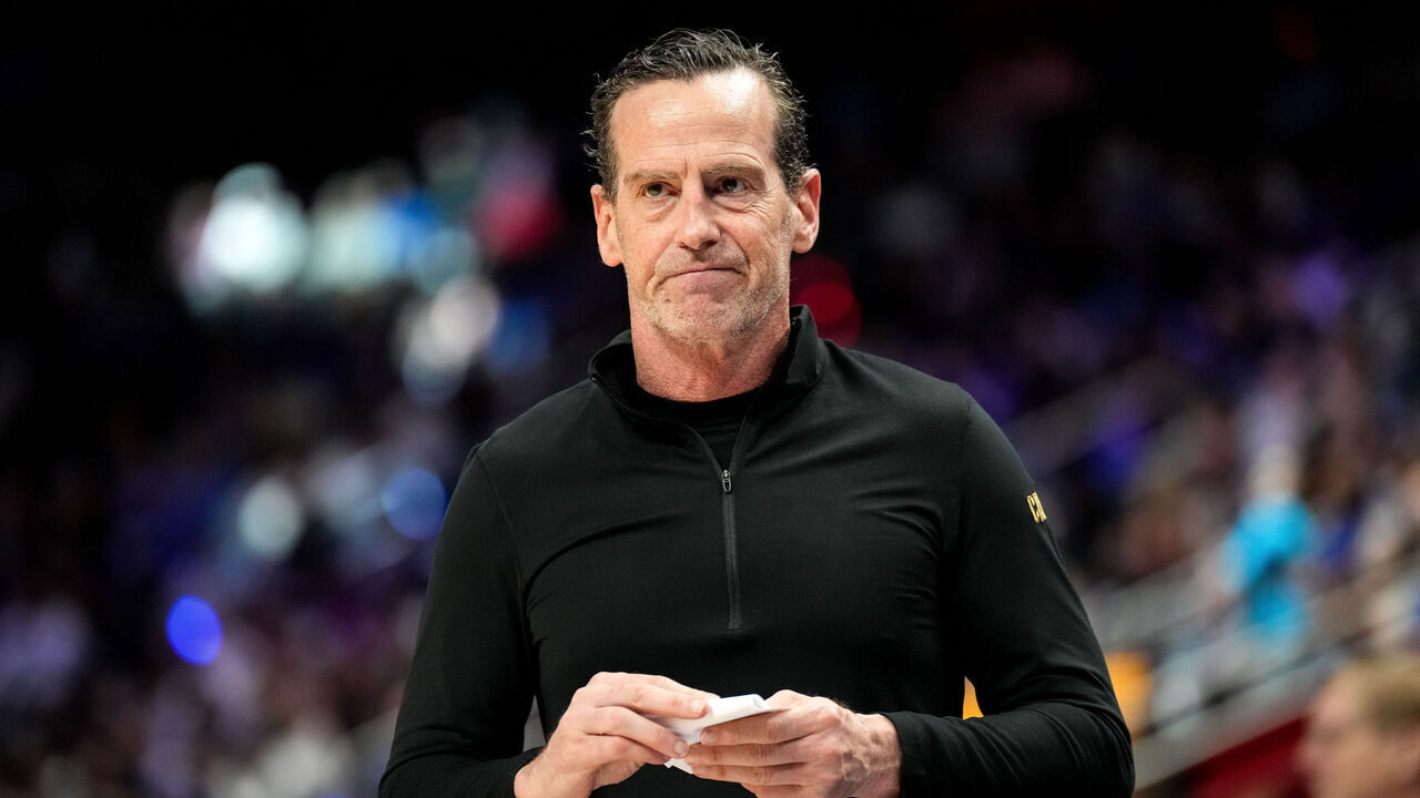 DETROIT, MICHIGAN - MARCH 28: Head coach Kenny Atkinson of the Cleveland Cavaliers looks on against the Detroit Pistons at Little Caesars Arena on March 28, 2025 in Detroit, Michigan.