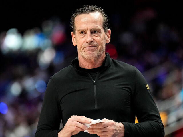 DETROIT, MICHIGAN - MARCH 28: Head coach Kenny Atkinson of the Cleveland Cavaliers looks on against the Detroit Pistons at Little Caesars Arena on March 28, 2025 in Detroit, Michigan.