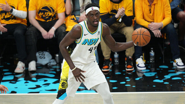 INDIANAPOLIS, IN - APRIL 19: Pascal Siakam #43 of the Indiana Pacers handles the ball during the game against the Milwaukee Bucks during round 1 Game 1 of the 2025 NBA Playoffs on April 19, 2025 at Gainbridge Fieldhouse in Indianapolis, Indiana. Mandatory Copyright Notice: Copyright 2025 NBAE