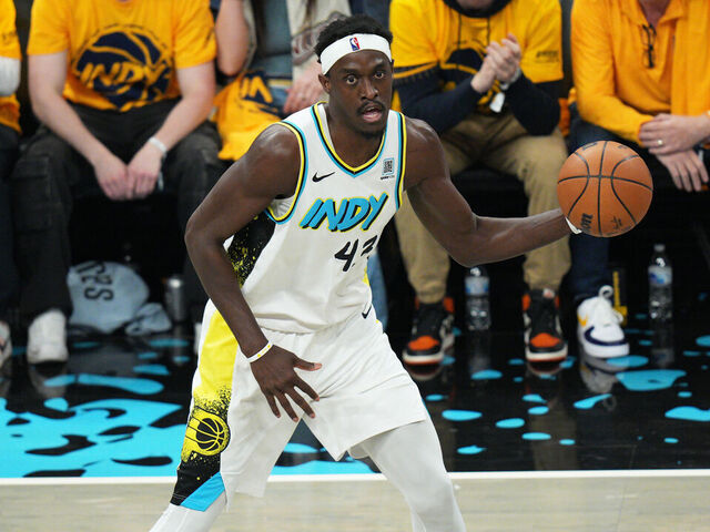 INDIANAPOLIS, IN - APRIL 19: Pascal Siakam #43 of the Indiana Pacers handles the ball during the game against the Milwaukee Bucks during round 1 Game 1 of the 2025 NBA Playoffs on April 19, 2025 at Gainbridge Fieldhouse in Indianapolis, Indiana. Mandatory Copyright Notice: Copyright 2025 NBAE