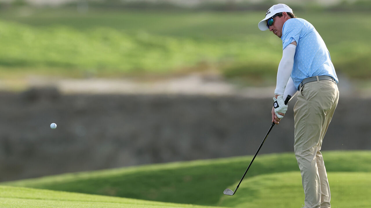 PUNTA CANA, DOMINICAN REPUBLIC - APRIL 19: Joel Dahmen of the United States hits a chip shot from just off the 18th green during the third round of the Corales Puntacana Championship 2025 at Puntacana Resort & Club, Corales Golf Course on April 19, 2025 in Punta Cana, Dominican Republic.