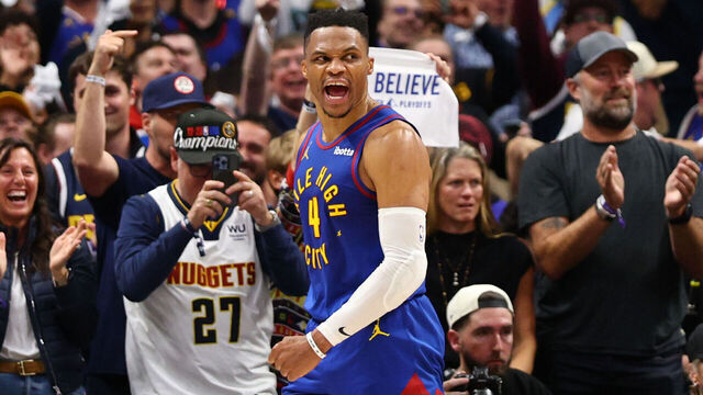 DENVER, CO - APRIL 19: Russell Westbrook #4 of the Denver Nuggets celebrates during the game against the LA Clippers during Round One Game One of the 2025 NBA Playoffs on April 19, 2025 at Ball Arena in Denver, Colorado. NOTE TO USER: User expressly acknowledges and agrees that, by downloading and/or using this Photograph, user is consenting to the terms and conditions of the Getty Images License Agreement. Mandatory Copyright Notice: Copyright 2025 NBAE
