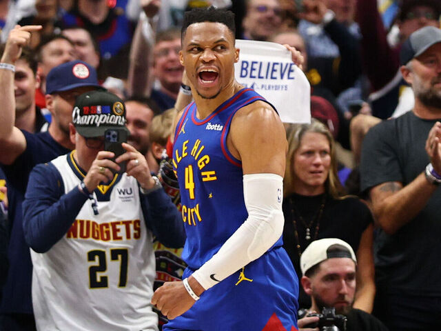 DENVER, CO - APRIL 19: Russell Westbrook #4 of the Denver Nuggets celebrates during the game against the LA Clippers during Round One Game One of the 2025 NBA Playoffs on April 19, 2025 at Ball Arena in Denver, Colorado. NOTE TO USER: User expressly acknowledges and agrees that, by downloading and/or using this Photograph, user is consenting to the terms and conditions of the Getty Images License Agreement. Mandatory Copyright Notice: Copyright 2025 NBAE