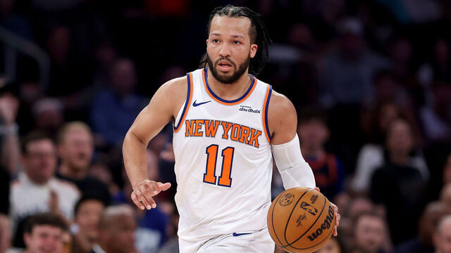 NEW YORK, NEW YORK - APRIL 19: Jalen Brunson #11 of the New York Knicks dribbles against the Detroit Pistons during the second quarter in Game One of the Eastern Conference First Round NBA Playoffs at Madison Square Garden on April 19, 2025 in New York City.