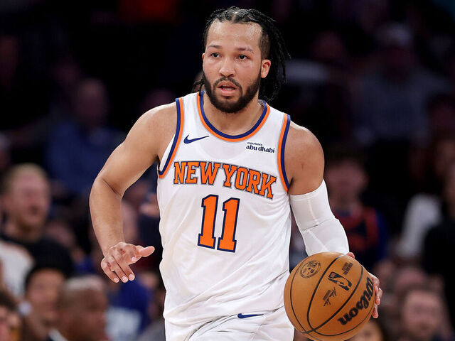 NEW YORK, NEW YORK - APRIL 19: Jalen Brunson #11 of the New York Knicks dribbles against the Detroit Pistons during the second quarter in Game One of the Eastern Conference First Round NBA Playoffs at Madison Square Garden on April 19, 2025 in New York City.