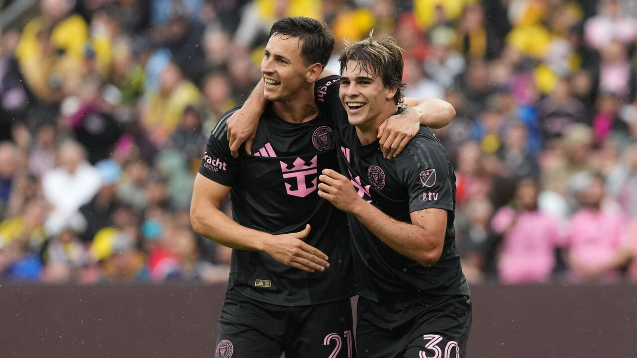 CLEVELAND, OHIO - APRIL 19: Benjamin Cremaschi #30 of Inter Miami CF celebrates with teammate Tadeo Allende #21 after scoring the team's first goal during the MLS match between Columbus Crew and Inter Miami CF at Huntington Bank Field on April 19, 2025 in Cleveland, Ohio.