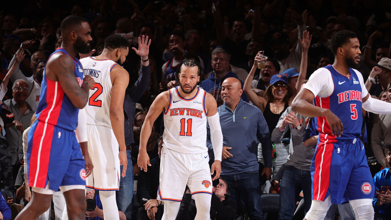 NEW YORK, NY - APRIL 19: Jalen Brunson #11 of the New York Knicks looks on during the game against the Detroit Pistons during Round 1 Game 1 of the 2025 NBA Playoffs on April 19, 2025 at Madison Square Garden in New York City, New York. Mandatory Copyright Notice: Copyright 2025 NBAE