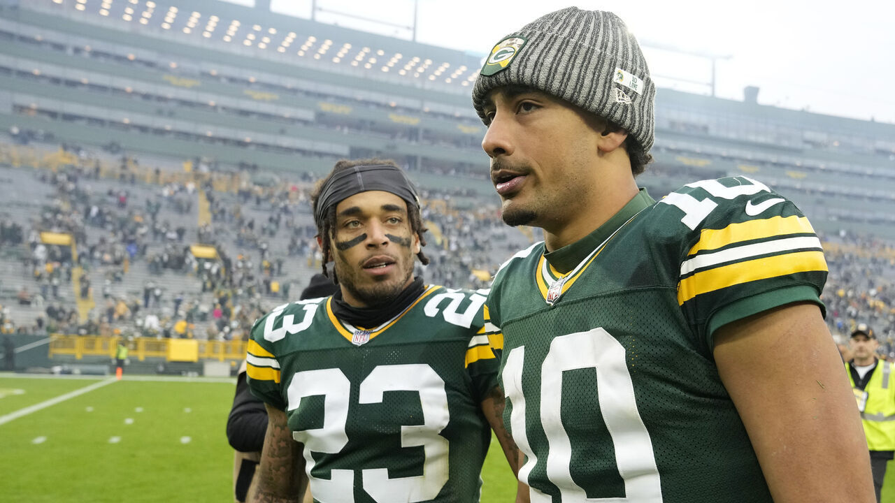 GREEN BAY, WISCONSIN - NOVEMBER 05: Jordan Love #10 and Jaire Alexander #23 of the Green Bay Packers walk off the field after a game against the Los Angeles Rams at Lambeau Field on November 05, 2023 in Green Bay, Wisconsin.