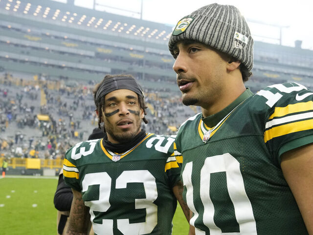 GREEN BAY, WISCONSIN - NOVEMBER 05: Jordan Love #10 and Jaire Alexander #23 of the Green Bay Packers walk off the field after a game against the Los Angeles Rams at Lambeau Field on November 05, 2023 in Green Bay, Wisconsin.