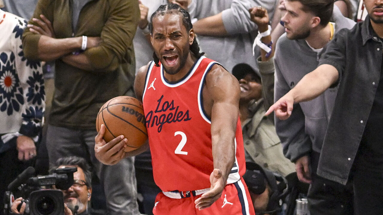 DENVER, CO - APRIL 19: Kawhi Leonard (2) of the LA Clippers reacts after going out of bounds with the ball as Aaron Gordon (32) of the Denver Nuggets made contact with him during overtime of the Nuggets' 112-110 win at Ball Arena in Denver, Colorado on Saturday, April 19, 2025.